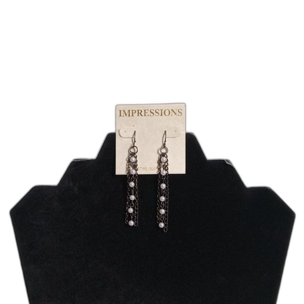 Impressions Gunmetal Gray and Silver Beaded Triple Chain Dangle Drop Earrings